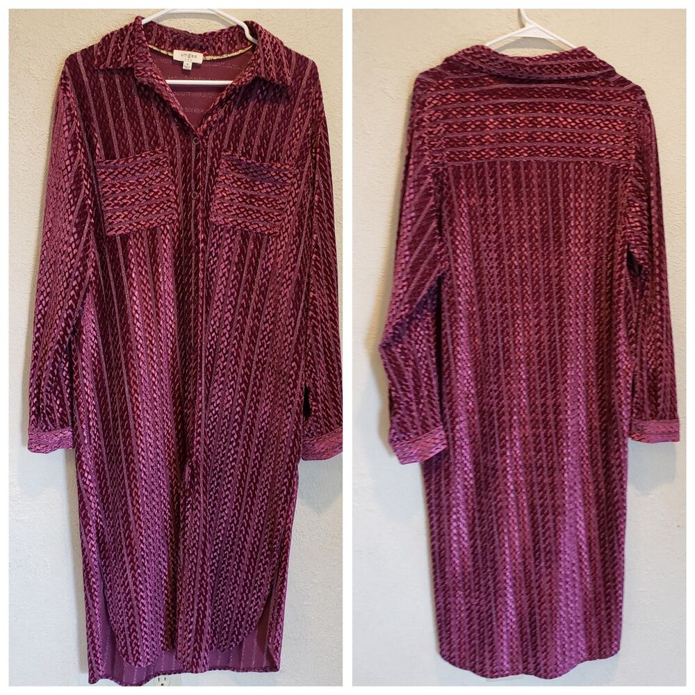 Umgee Texture Curved Hem Button Down Shirt Dress Size M Purple
